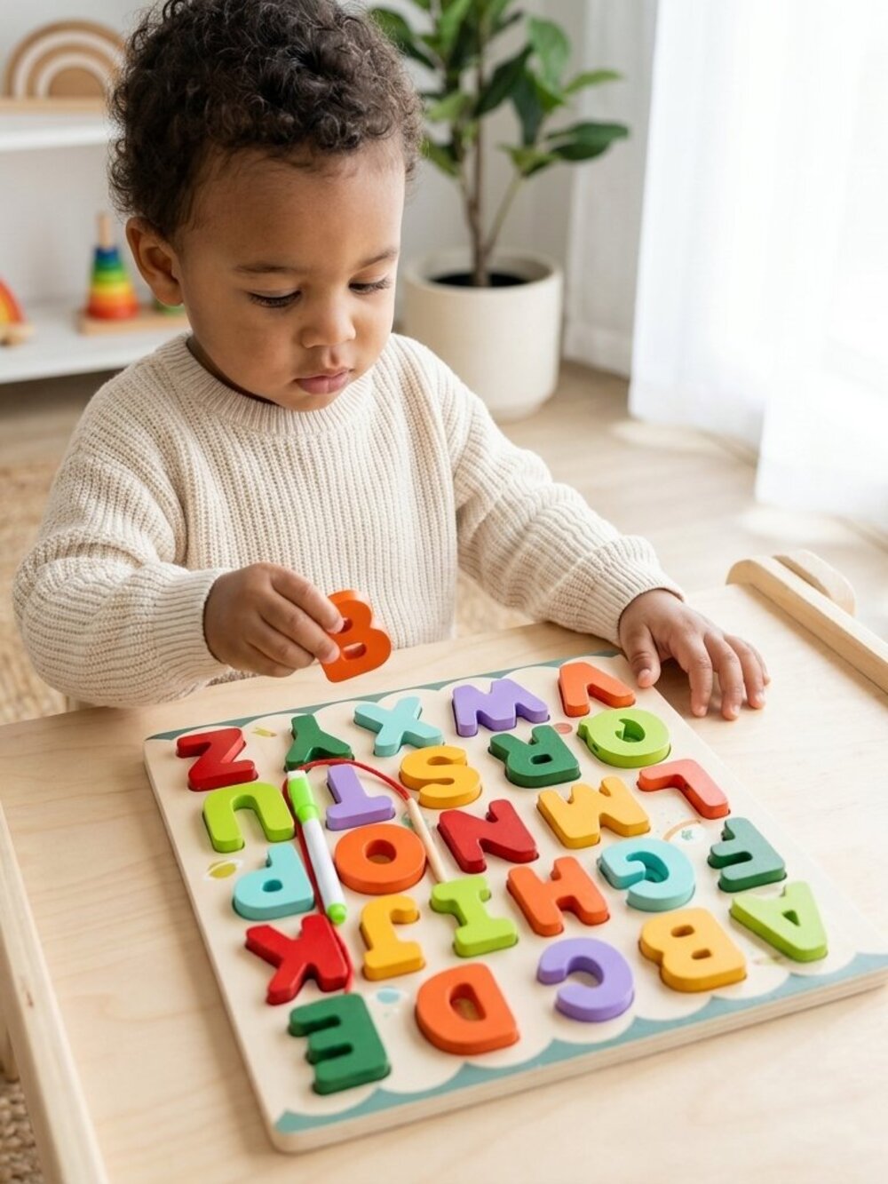 Wooden Alphabet Puzzle & Flash Card Set, 76pc Montessori ABC Learning Toy